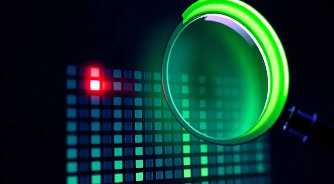 Magnified monitor pixel grid with a glowing magnifying glass revealing a stuck red pixel and other defective pixels on a dark display