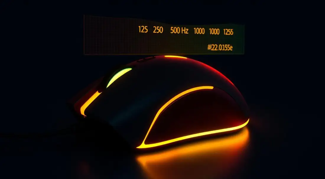 Gaming mouse with neon orange RGB lighting and a holographic polling rate frequency chart showing 125Hz, 500Hz, 1000Hz and 8000Hz