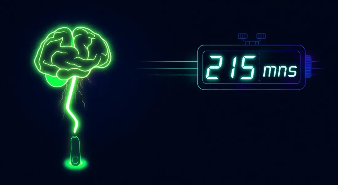 Neon illustration of a glowing brain sending a lightning-fast signal to a finger pressing a key, with a digital stopwatch showing a 215 ms reaction time