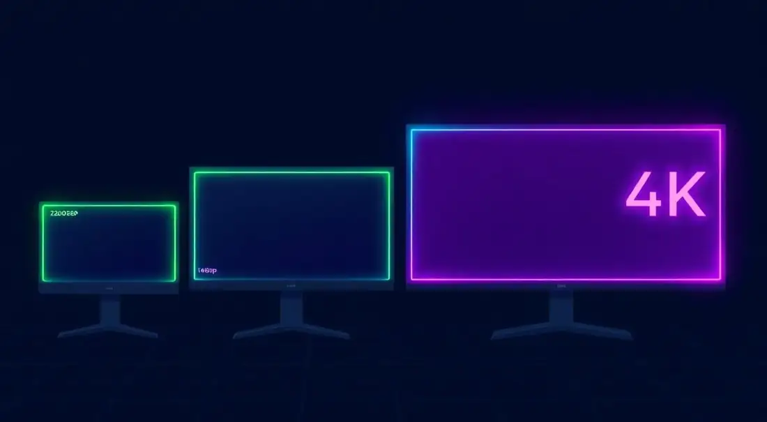 Comparison of common monitor sizes and screen resolutions: 720p, 1080p, 1440p, and 4K UHD displays