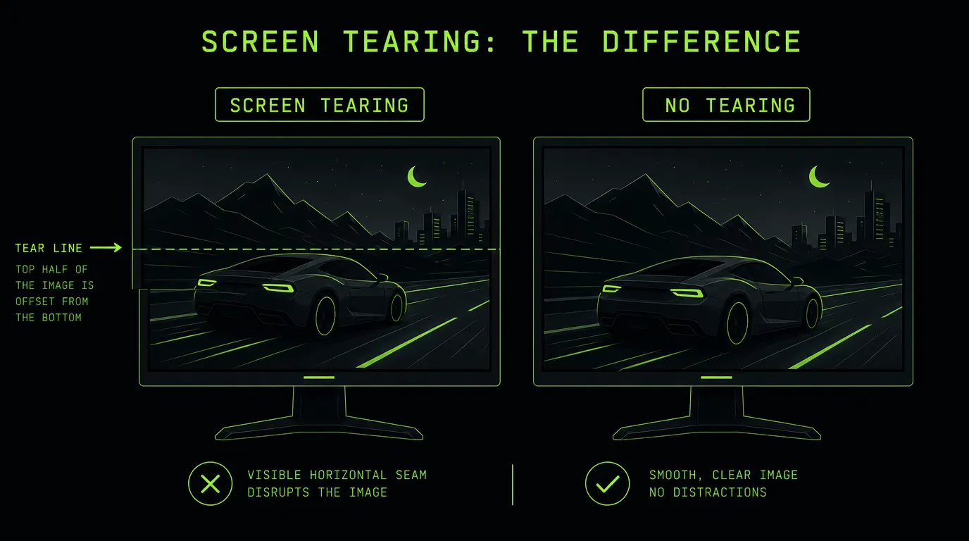 Screen tearing test example showing a monitor with a visible horizontal tear line splitting the image versus a clean, tear-free monitor