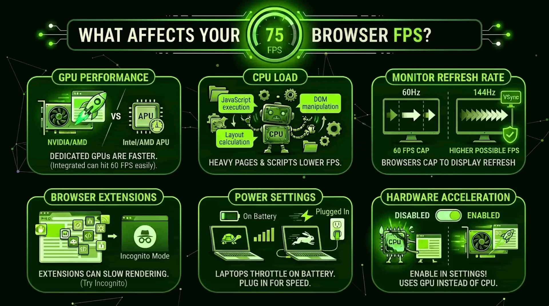 Factors affecting browser FPS: GPU, CPU, refresh rate, and extensions