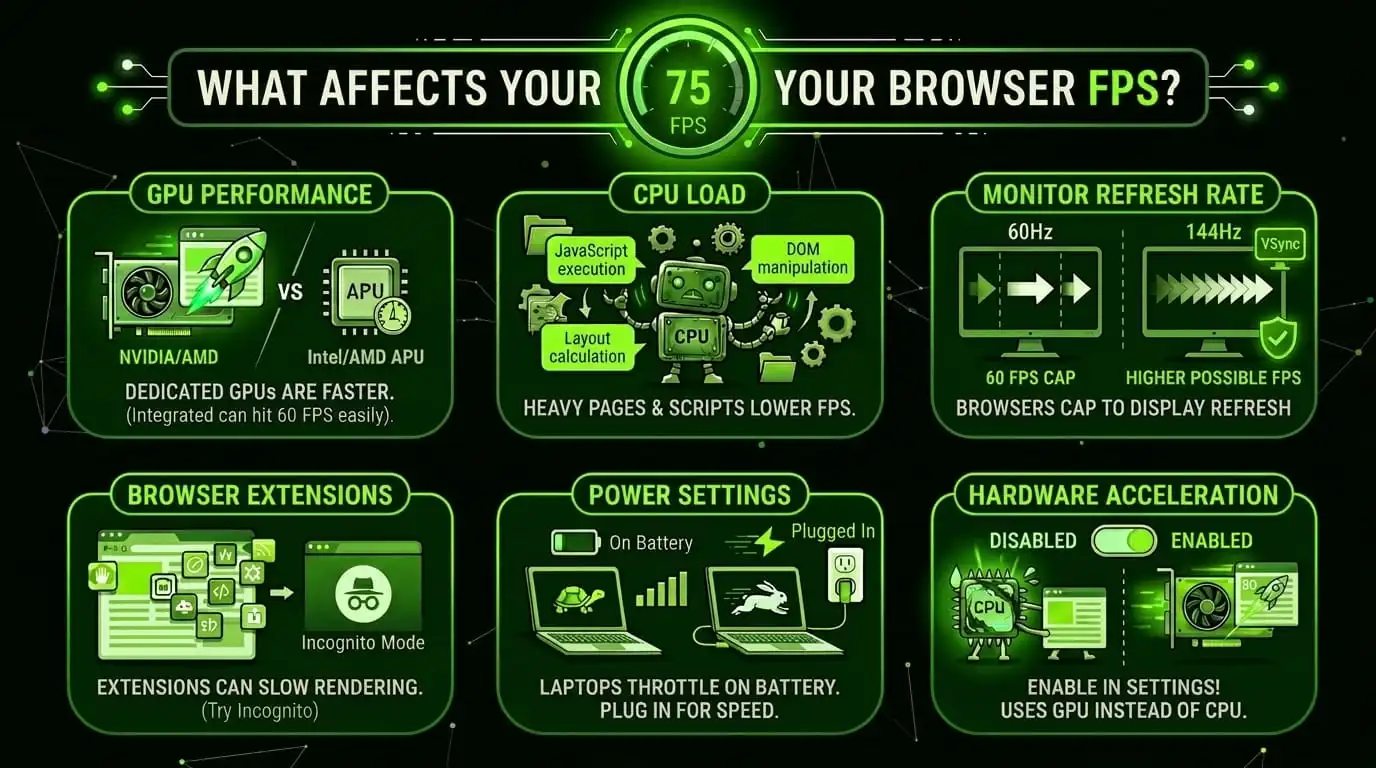 Infographic showing what affects browser FPS: GPU, CPU load, refresh rate, extensions, power settings, hardware acceleration